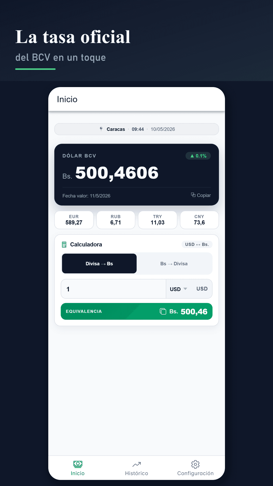 Tasa BCV — pantalla principal con tasas en tiempo real